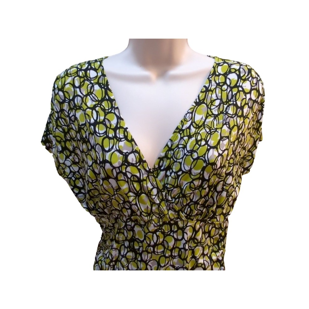 B-slim women's S small short sleeve‎ green black circle pattern blouse slimming